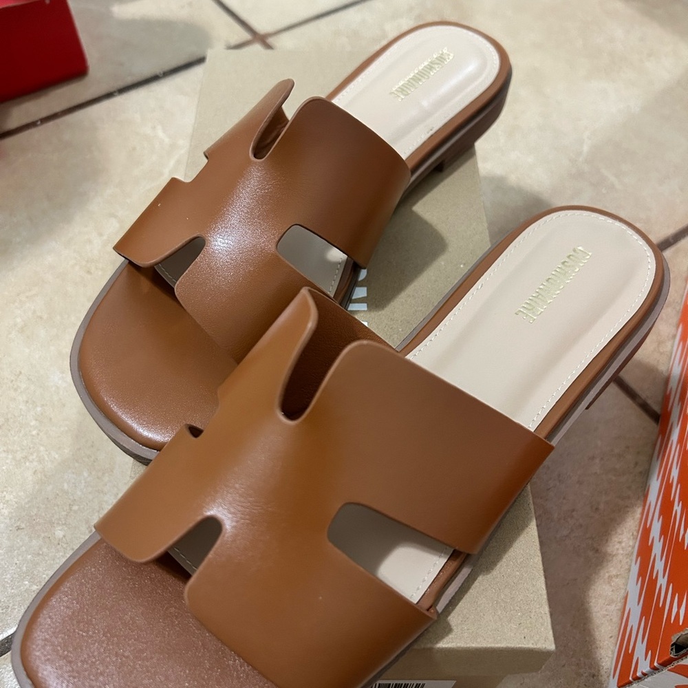 Tan Leather Slide Sandals